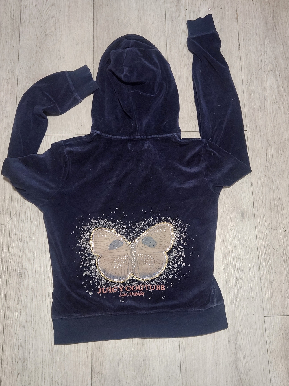 Vintage Juicy Couture Navy Velour Butterfly Rhinestone Zip Hoodie M Y2K